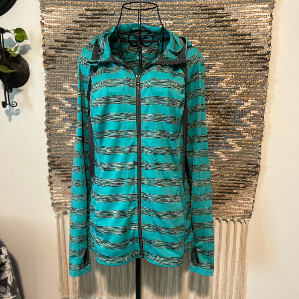 Lukka Teal and Gray Striped Zip-Up Hoodie